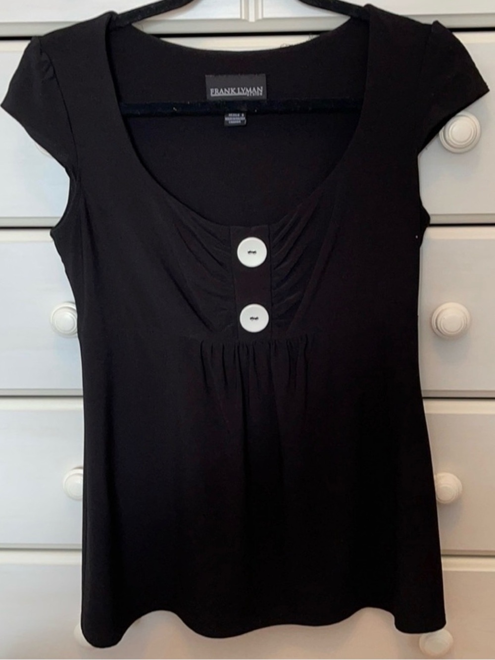 Frank Lyman Design Black Cap Sleeve Scoop Neck Top with White Button Accents